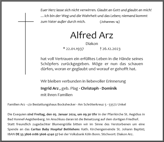 Anzeige von Alfred Arz von General-Anzeiger Bonn