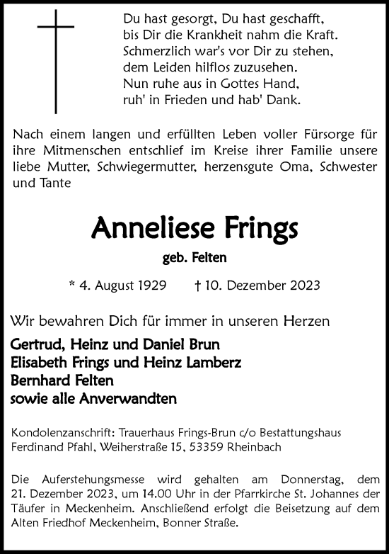 Anzeige von Anneliese Frings von General-Anzeiger Bonn