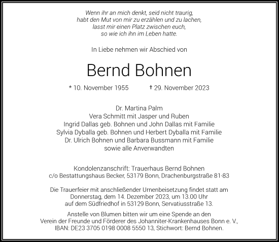 Anzeige von Bernd Bohnen von General-Anzeiger Bonn