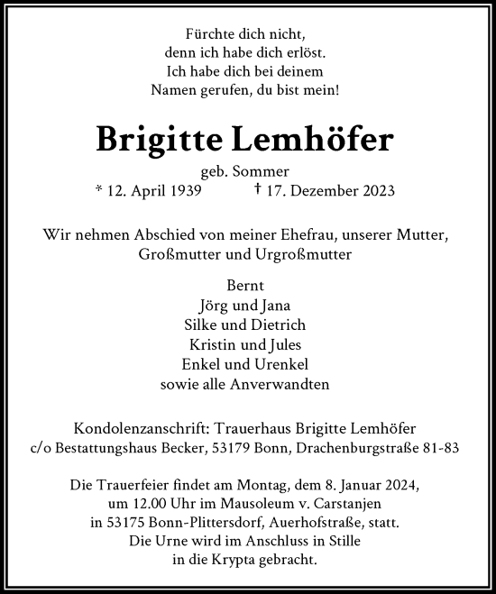 Anzeige von Brigitte Lemhöfer von General-Anzeiger Bonn