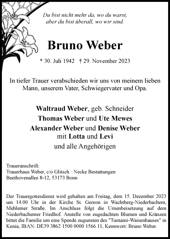 Anzeige von Bruno Weber von General-Anzeiger Bonn