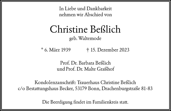 Anzeige von Christine Beßlich von General-Anzeiger Bonn