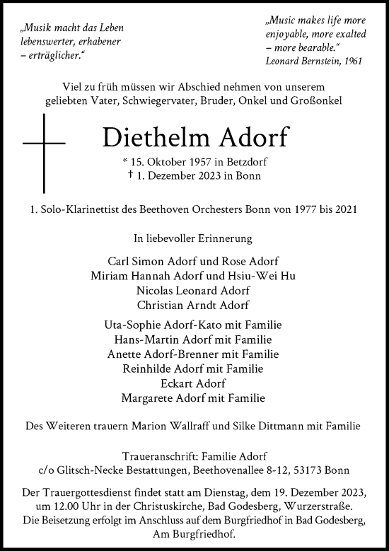 Anzeige von Diethelm Adorf von General-Anzeiger Bonn