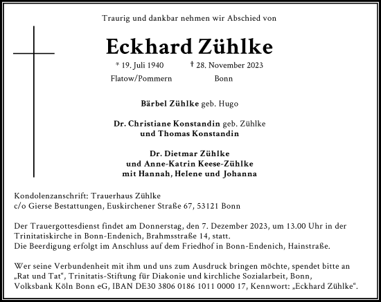 Anzeige von Eckhard Zühlke von General-Anzeiger Bonn