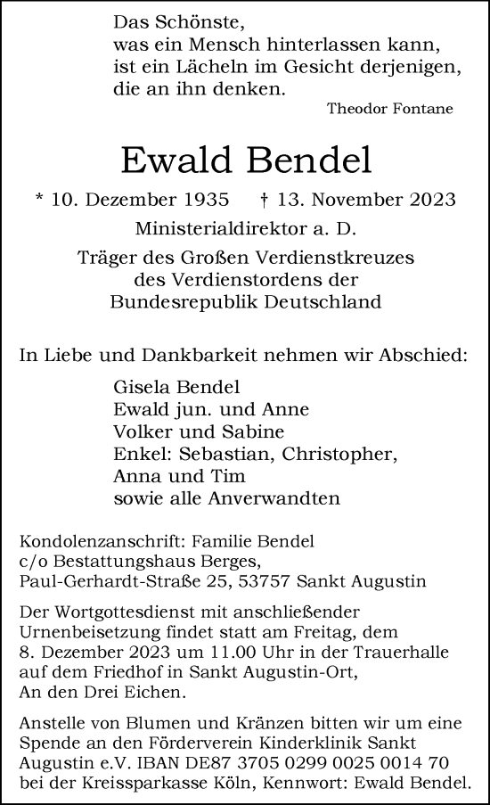 Anzeige von Ewald Bendel von General-Anzeiger Bonn