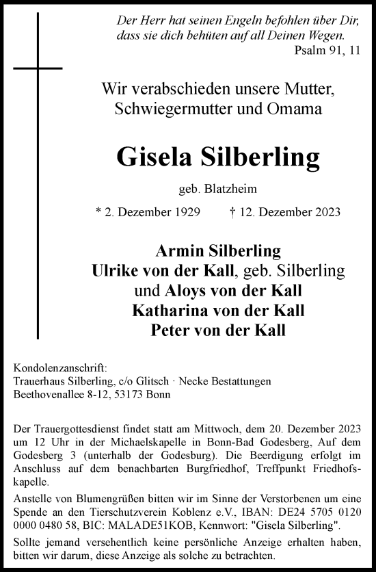 Anzeige von Gisela Silberling von General-Anzeiger Bonn