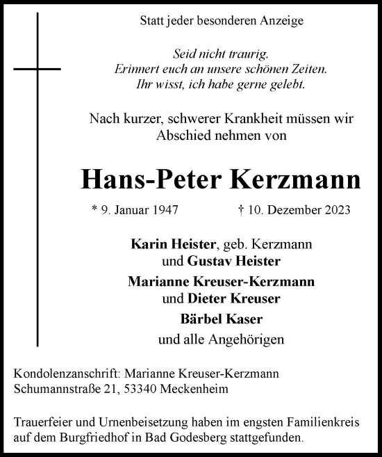 Anzeige von Hans-Peter Kerzmann von General-Anzeiger Bonn