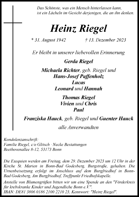 Anzeige von Heinz Riegel von General-Anzeiger Bonn