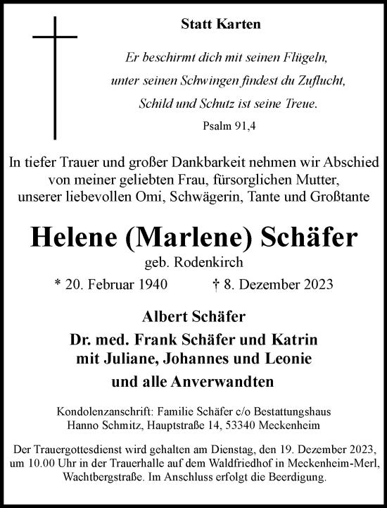 Anzeige von Helene Schäfer von General-Anzeiger Bonn