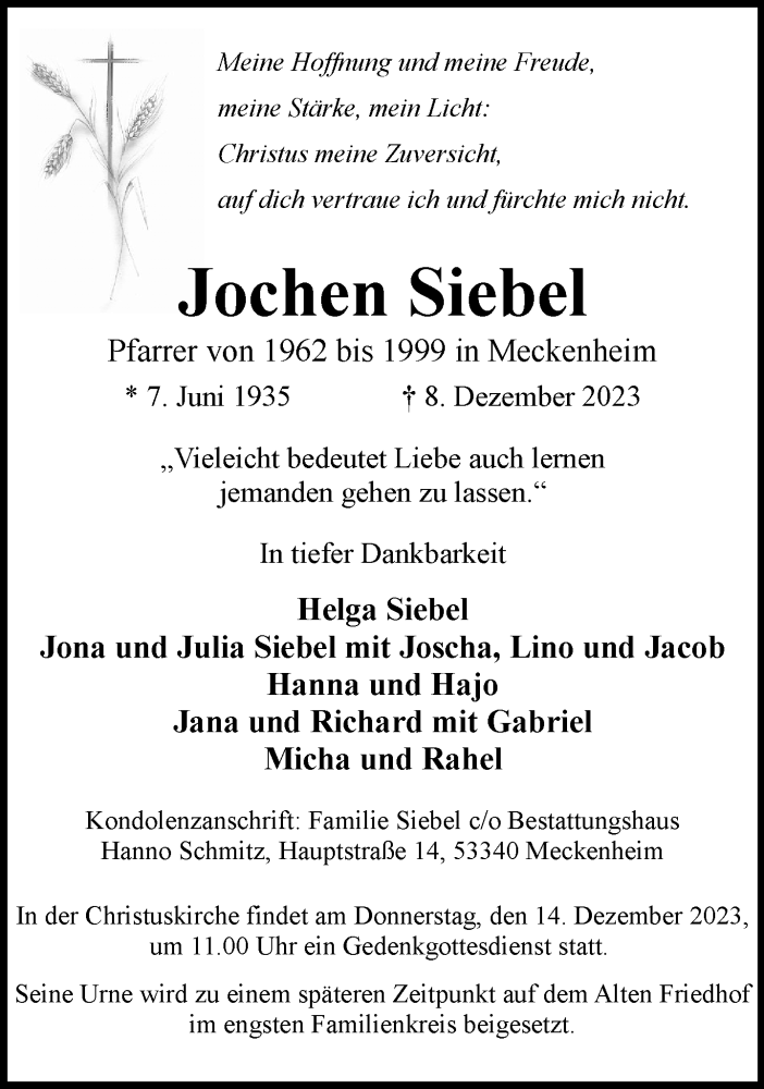  Traueranzeige für Jochen Siebel vom 13.12.2023 aus General-Anzeiger Bonn