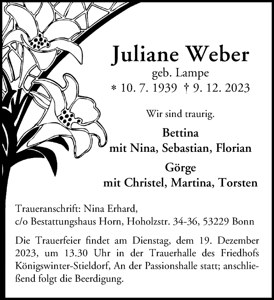  Traueranzeige für Juliane Weber vom 13.12.2023 aus General-Anzeiger Bonn