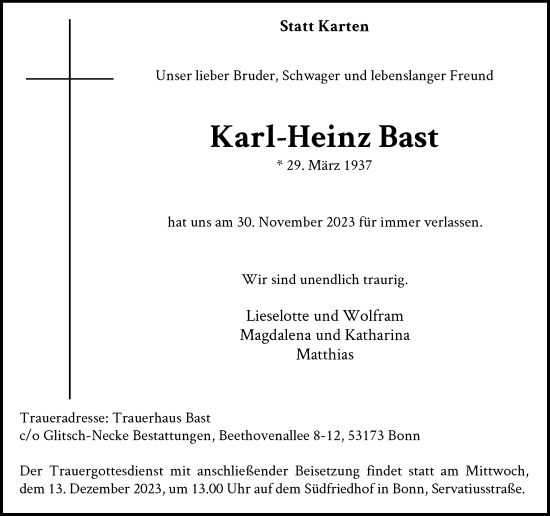 Anzeige von Karl-Heinz Bast von General-Anzeiger Bonn