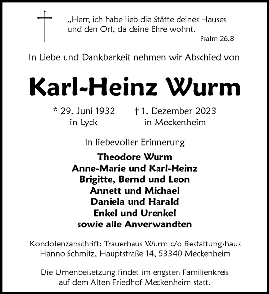 Anzeige von Karl-Heinz Wurm von General-Anzeiger Bonn