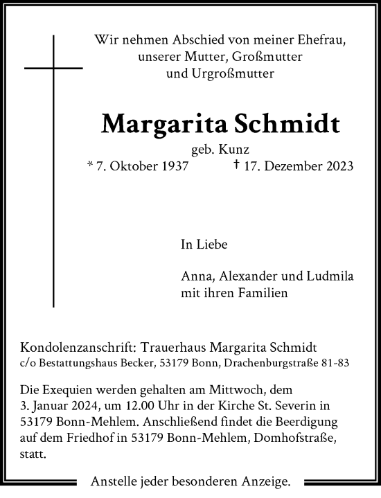 Anzeige von Margarita Schmidt von General-Anzeiger Bonn