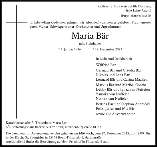 Anzeige von Maria Bär von General-Anzeiger Bonn