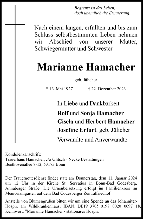Anzeige von Marianne Hamacher von General-Anzeiger Bonn