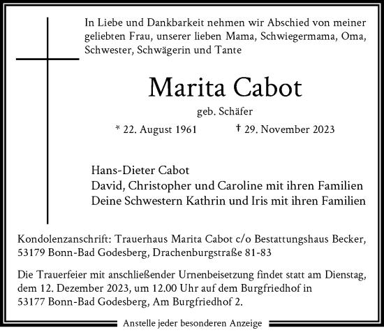 Anzeige von Marita Cabot von General-Anzeiger Bonn