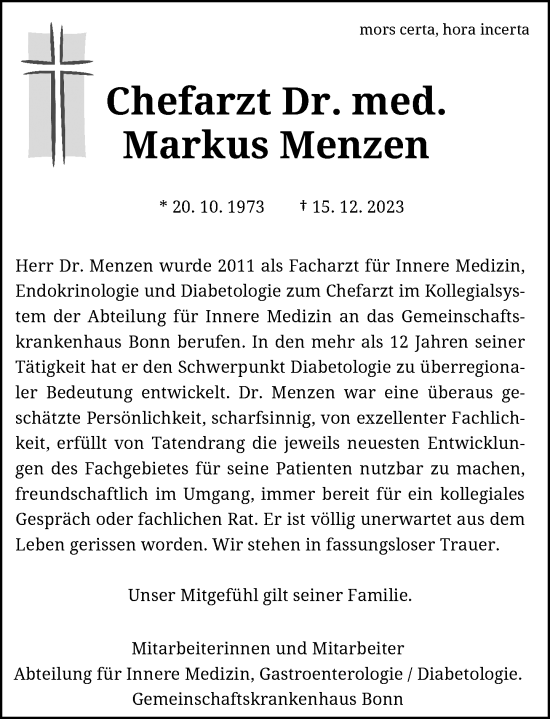 Anzeige von Markus Menzen von General-Anzeiger Bonn