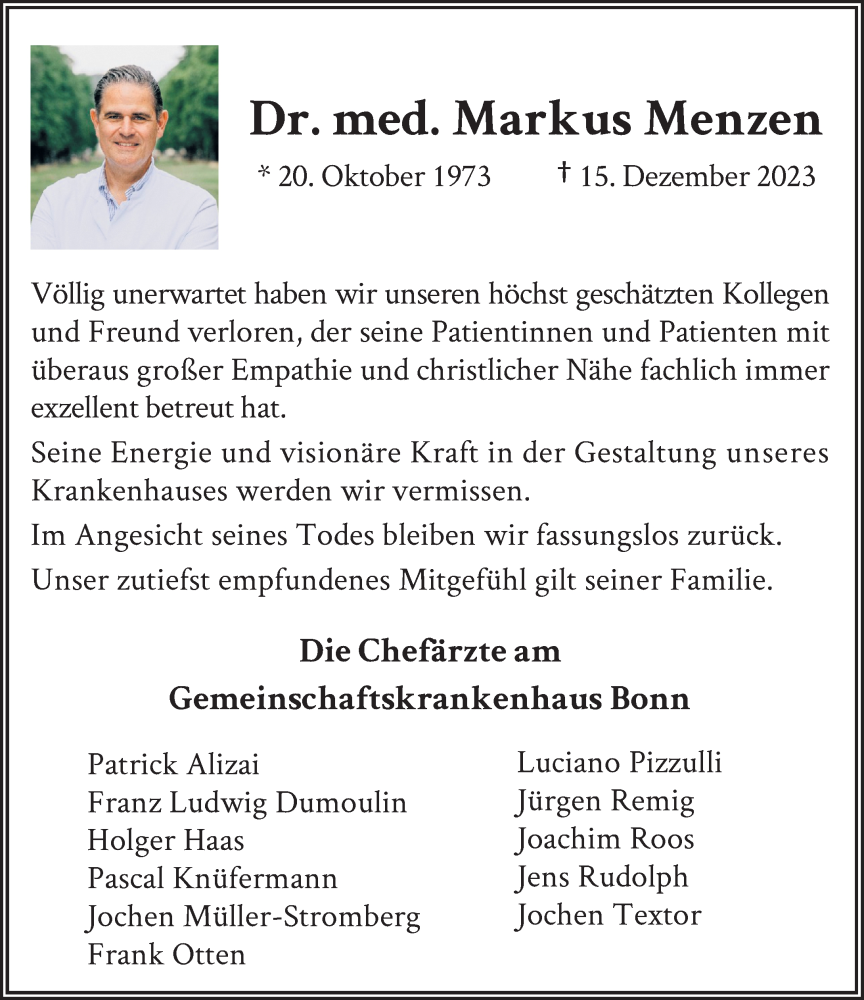  Traueranzeige für Markus Menzen vom 23.12.2023 aus General-Anzeiger Bonn