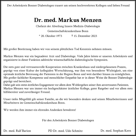 Anzeige von Markus Menzen von General-Anzeiger Bonn