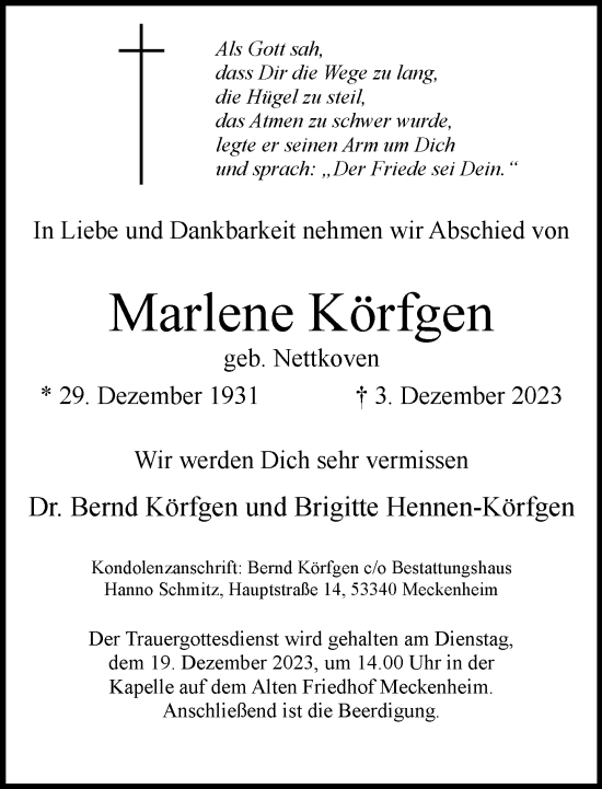 Anzeige von Marlene Körfgen von General-Anzeiger Bonn