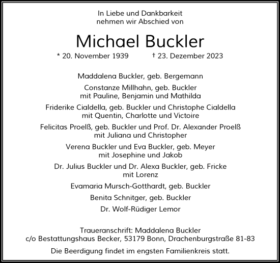 Anzeige von Michael Buckler von General-Anzeiger Bonn