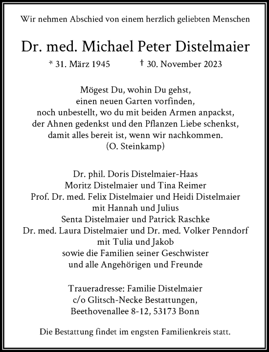 Anzeige von Michael Peter Distelmaier von General-Anzeiger Bonn