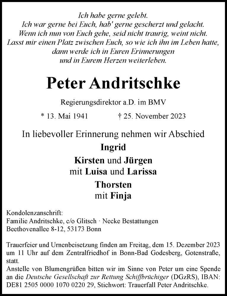  Traueranzeige für Peter Andritschke vom 02.12.2023 aus General-Anzeiger Bonn