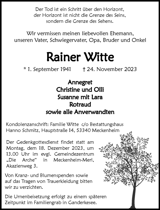 Anzeige von Rainer Witte von General-Anzeiger Bonn