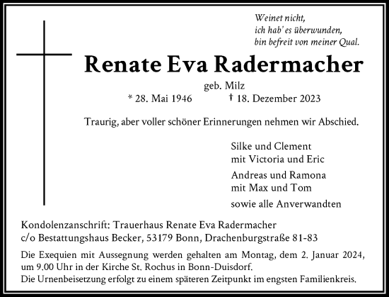 Anzeige von Renate Radermacher von General-Anzeiger Bonn