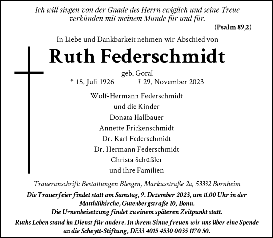 Anzeige von Ruth Federschmidt von General-Anzeiger Bonn