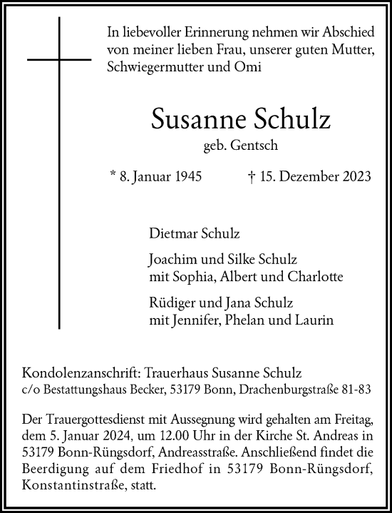 Anzeige von Susanne Schulz von General-Anzeiger Bonn
