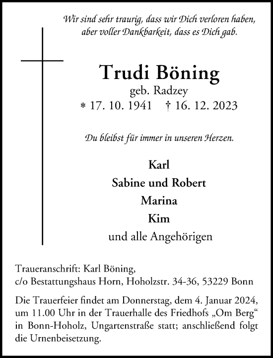 Anzeige von Trudi Böning von General-Anzeiger Bonn