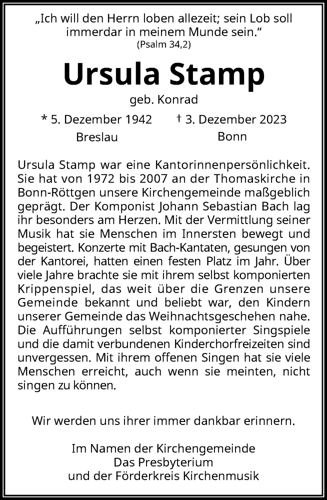  Traueranzeige für Ursula Stamp vom 09.12.2023 aus General-Anzeiger Bonn