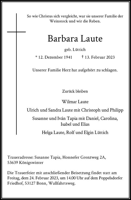 Anzeige von Barbara Laute von General-Anzeiger Bonn