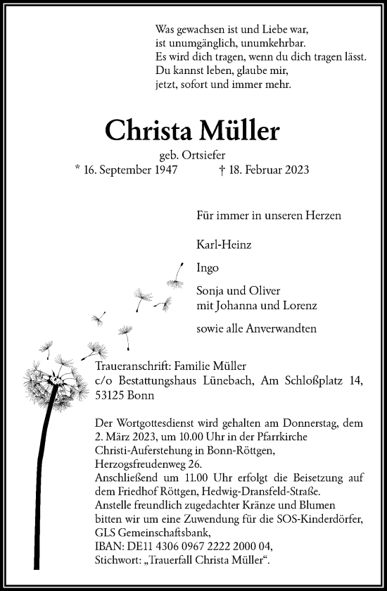Anzeige von Christa Müller von General-Anzeiger Bonn
