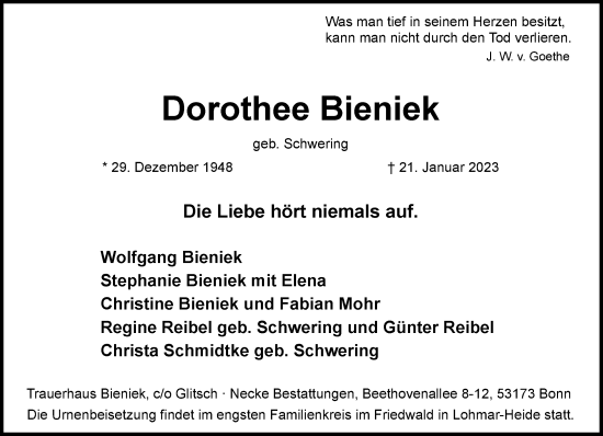 Anzeige von Dorothee Bieniek von General-Anzeiger Bonn