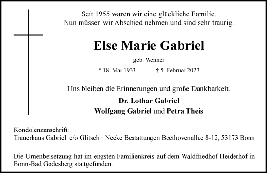 Anzeige von Else Marie Gabriel von General-Anzeiger Bonn