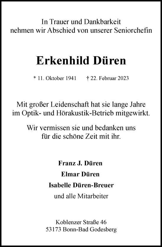 Anzeige von Erkenhild Düren von General-Anzeiger Bonn