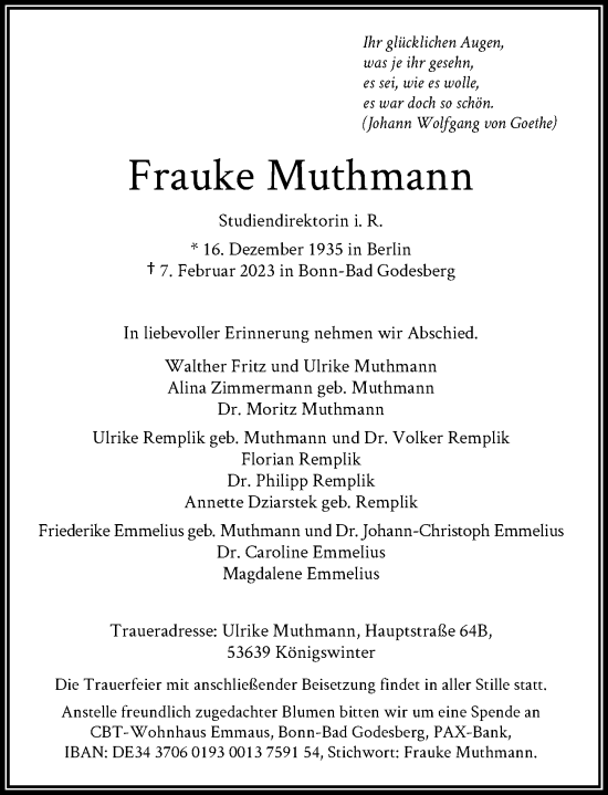 Anzeige von Frauke Muthmann von General-Anzeiger Bonn