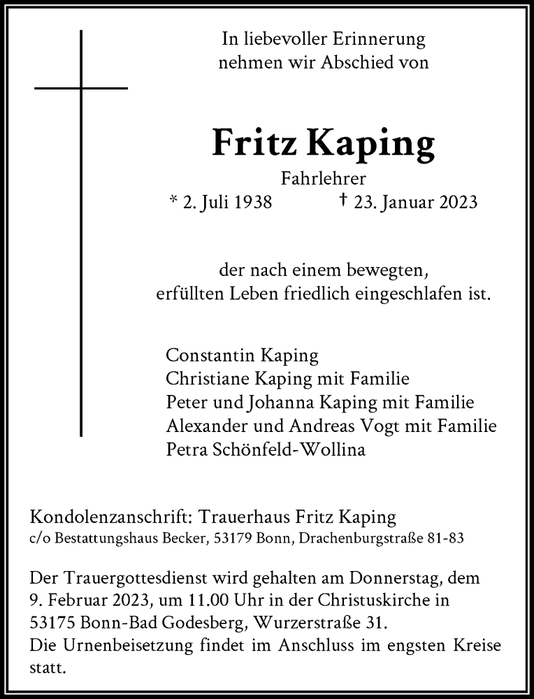  Traueranzeige für Fritz Kaping vom 04.02.2023 aus General-Anzeiger Bonn