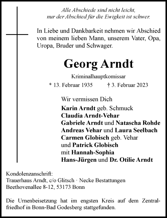 Anzeige von Georg Arndt von General-Anzeiger Bonn