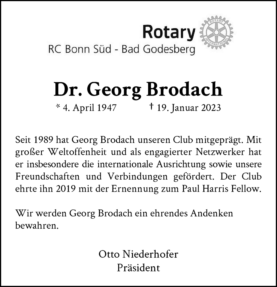  Traueranzeige für Georg Brodach vom 06.02.2023 aus General-Anzeiger Bonn