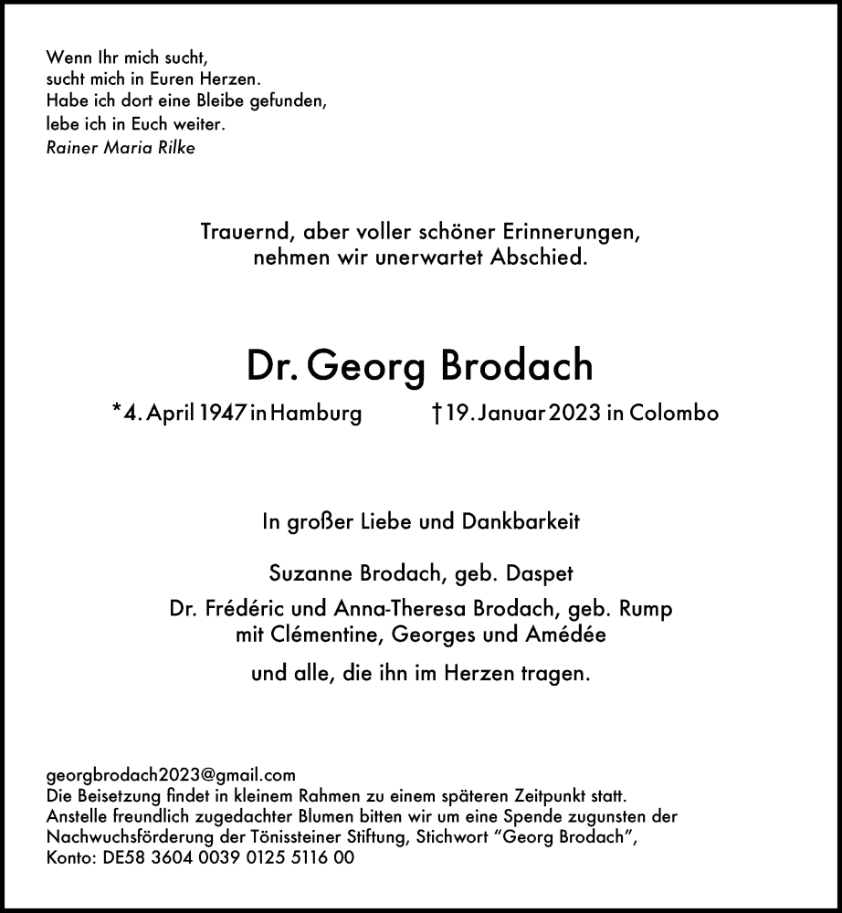  Traueranzeige für Georg Brodach vom 06.02.2023 aus General-Anzeiger Bonn