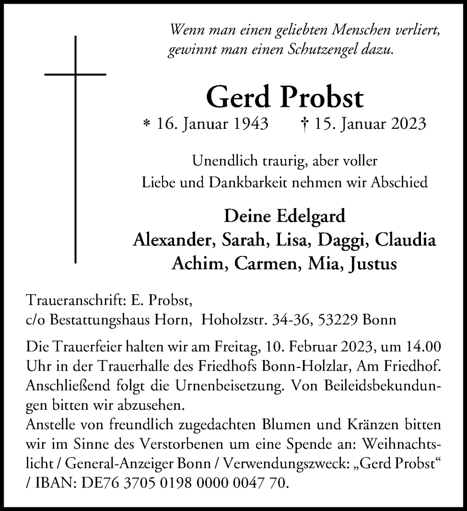  Traueranzeige für Gerd Probst vom 04.02.2023 aus General-Anzeiger Bonn
