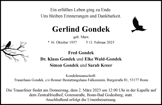Anzeige von Gerlind Gondek von General-Anzeiger Bonn