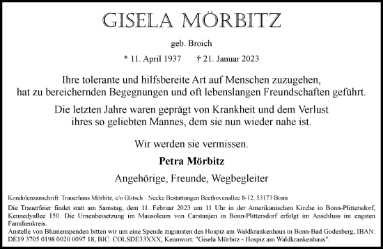 Anzeige von Gisela Mörbitz von General-Anzeiger Bonn