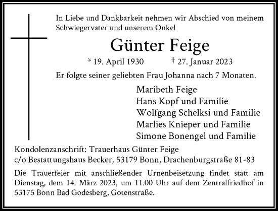 Anzeige von Günter Feige von General-Anzeiger Bonn