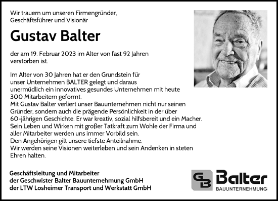 Anzeige von Gustav Balter von General-Anzeiger Bonn
