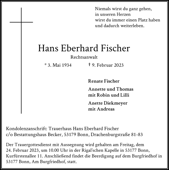 Anzeige von Hans Eberhard Fischer von General-Anzeiger Bonn